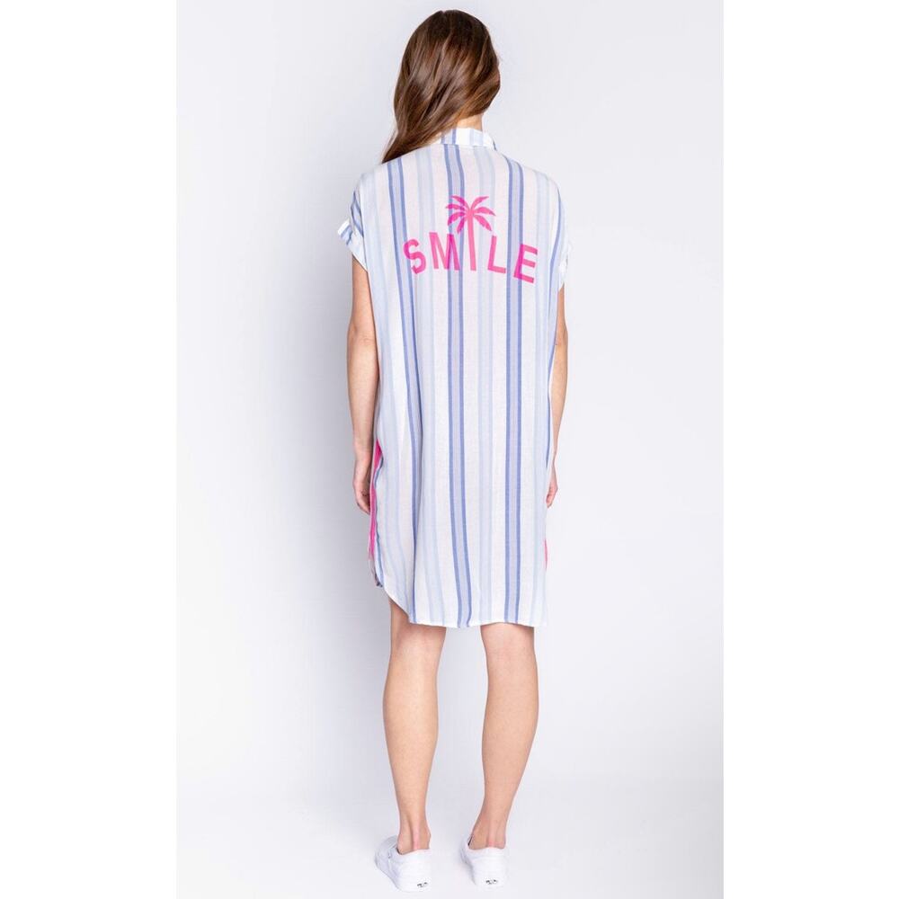 PJ Salvage New Women's Take Me Tulum Shirt Dress Striped White Blue XS